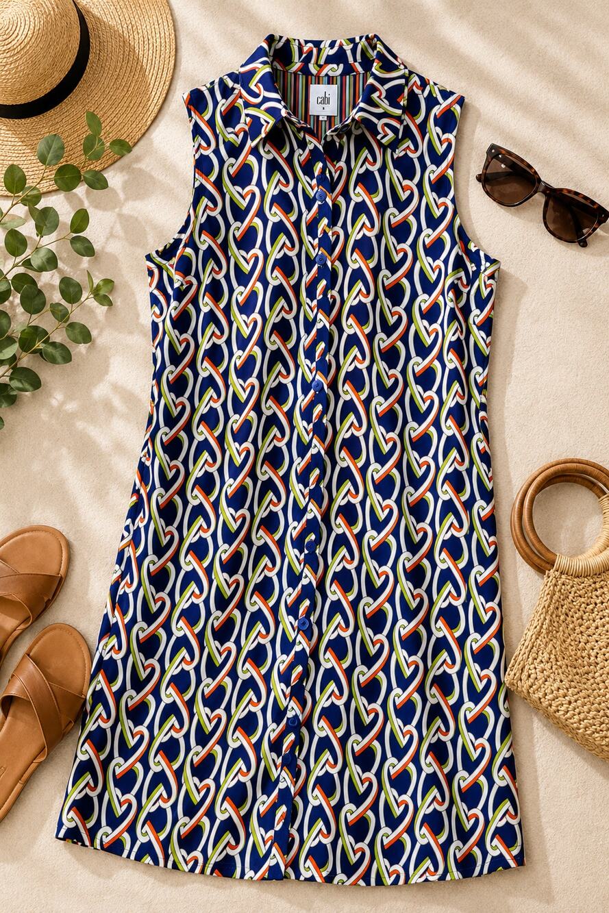 CAbi Amour 5370 Heart Print Sleeveless Shirt Dress Navy Blue Multicolor M